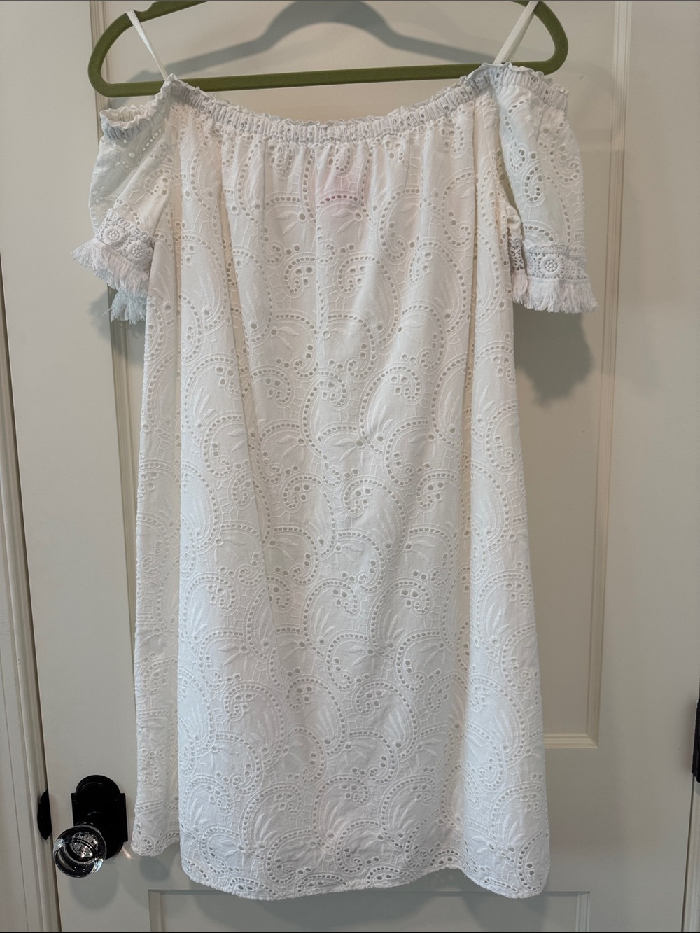 Lilly Pulitzer White Off-Shoulder Eyelet Shift Dress with Fringe Sleeves